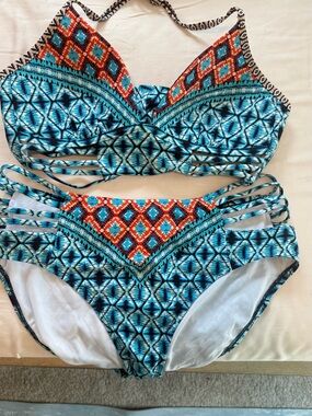 Kenneth Cole Blue Teal and Orange Patterned Two-Piece Bikini